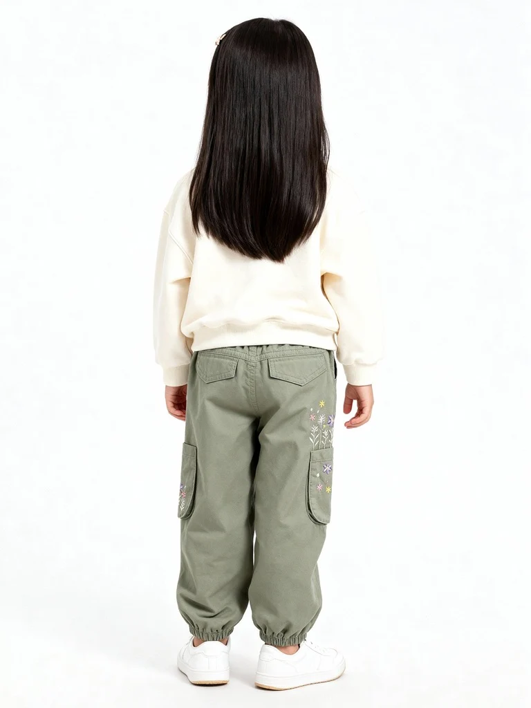 HOP Kids Girls Sage Floral Embroidered Mid-Rise Cotton Joggers - Image 6