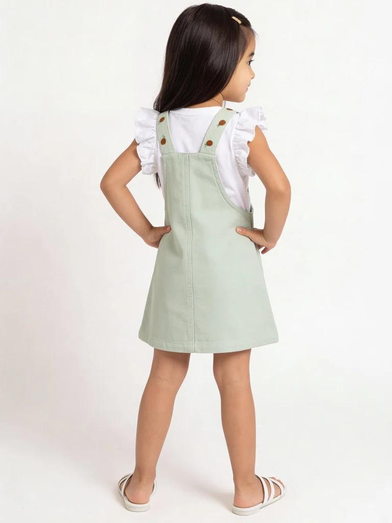 HOP Kids Girls Sage Solid Cotton T-Shirt with Pinafore Set - Image 2