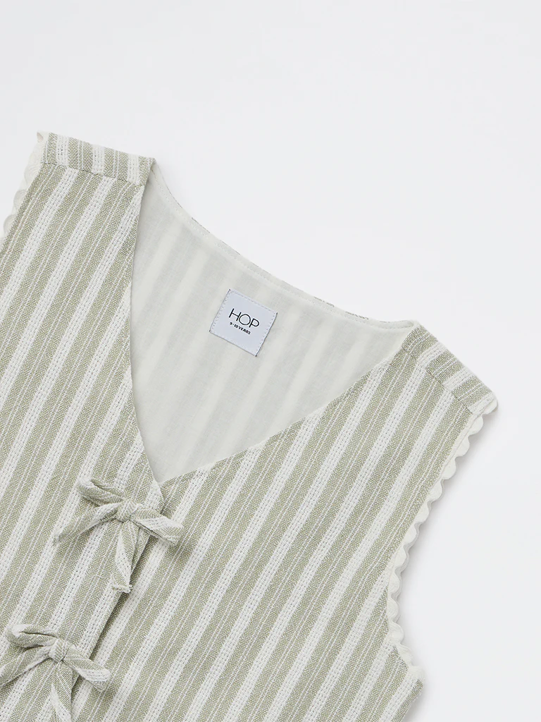 HOP Kids Girls Sage Striped Tie-Up Cotton Waistcoat - Image 3
