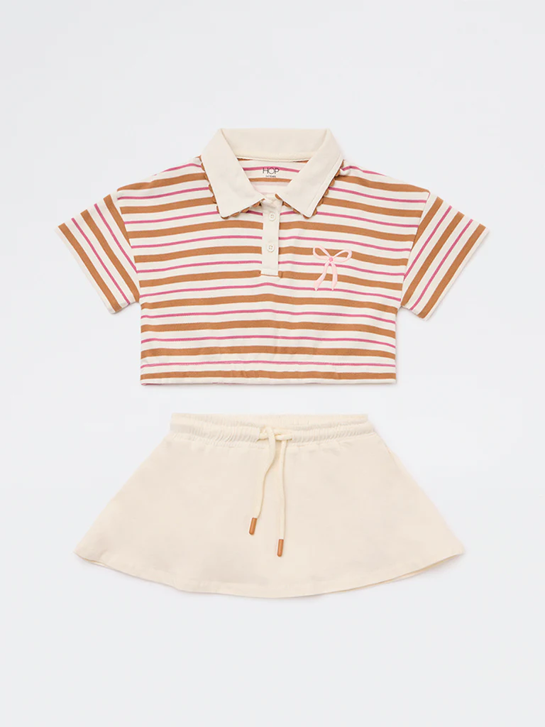HOP Kids Girls Tan Striped Cotton Polo T-Shirt with Skirt