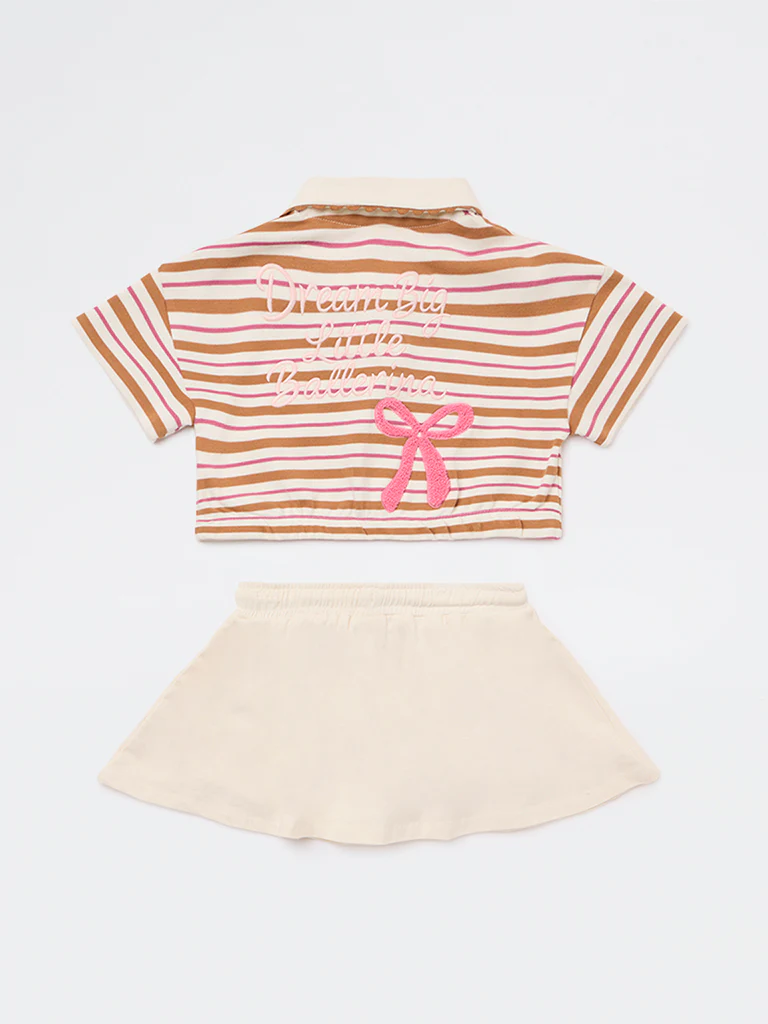 HOP Kids Girls Tan Striped Cotton Polo T-Shirt with Skirt - Image 2