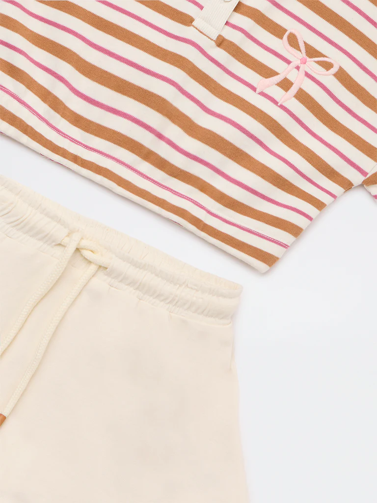 HOP Kids Girls Tan Striped Cotton Polo T-Shirt with Skirt - Image 3