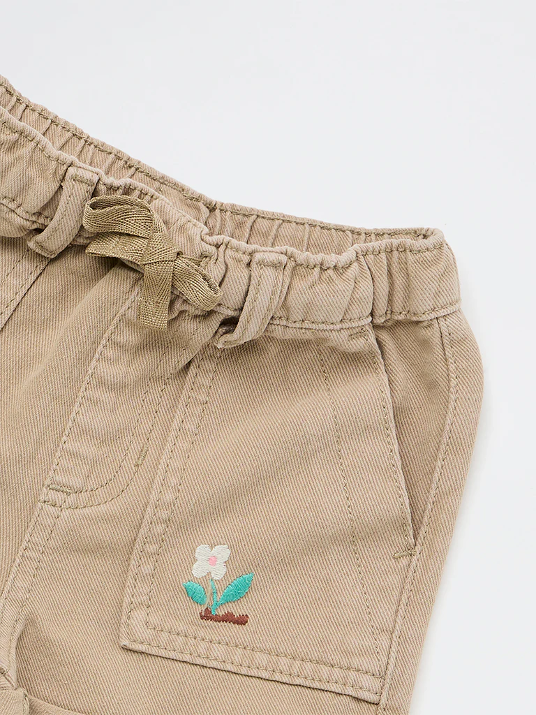 HOP Kids Girls Taupe Embroidered High-Rise Denim Shorts - Image 5
