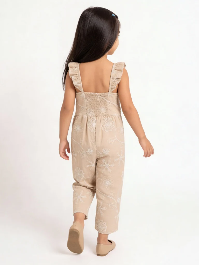 HOP Kids Girls Taupe Floral Embroidered Cotton Jumpsuit - Image 2