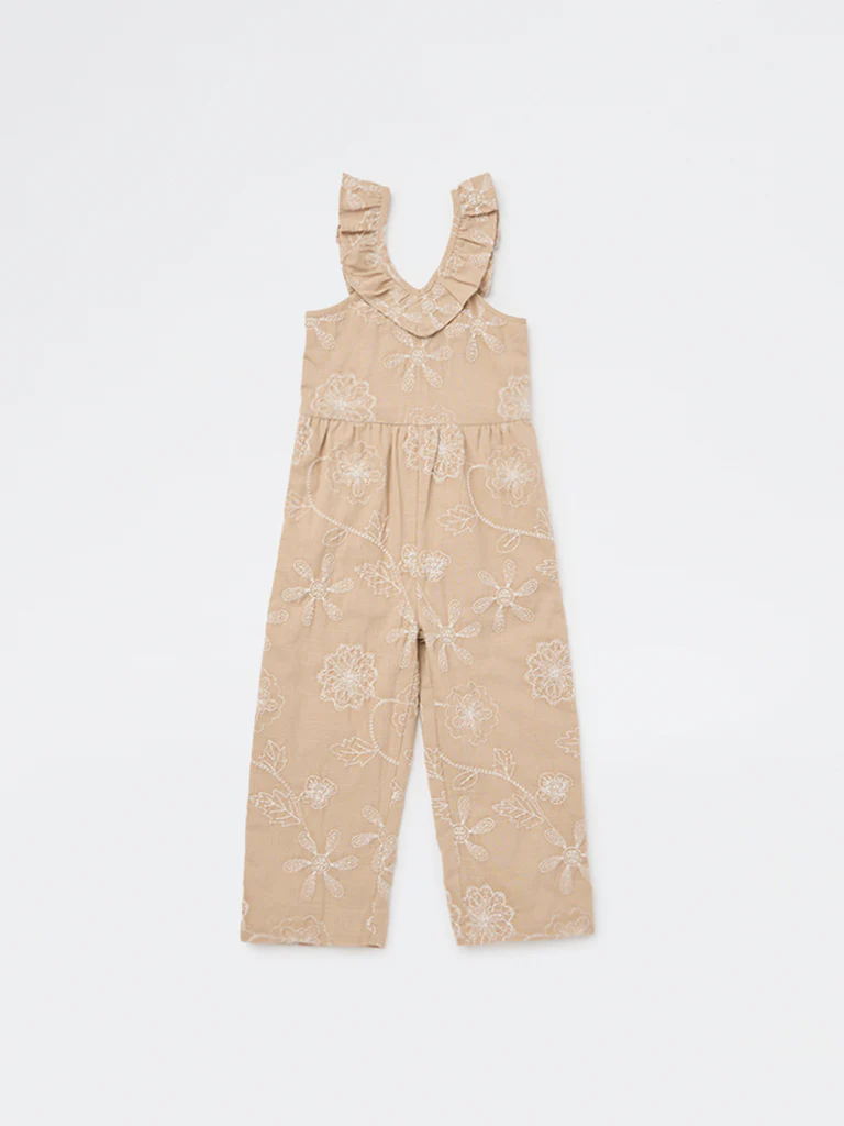 HOP Kids Girls Taupe Floral Embroidered Cotton Jumpsuit - Image 3