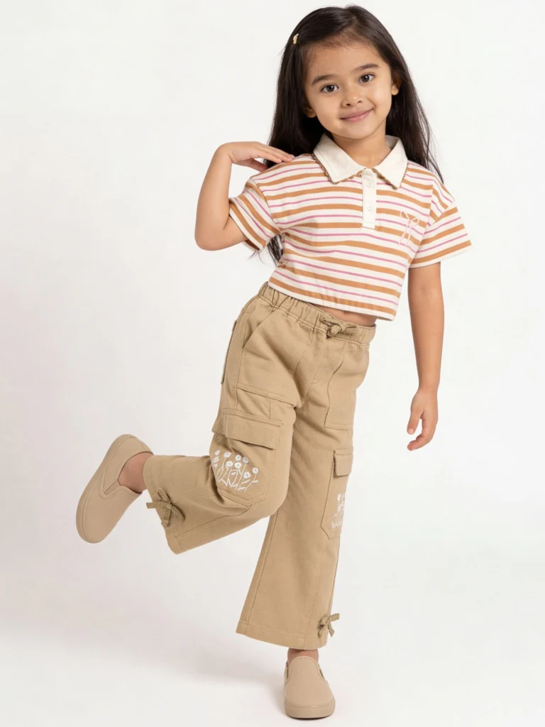 HOP Kids Girls Taupe Mid-Rise Embroidered High-Rise Cotton Trousers
