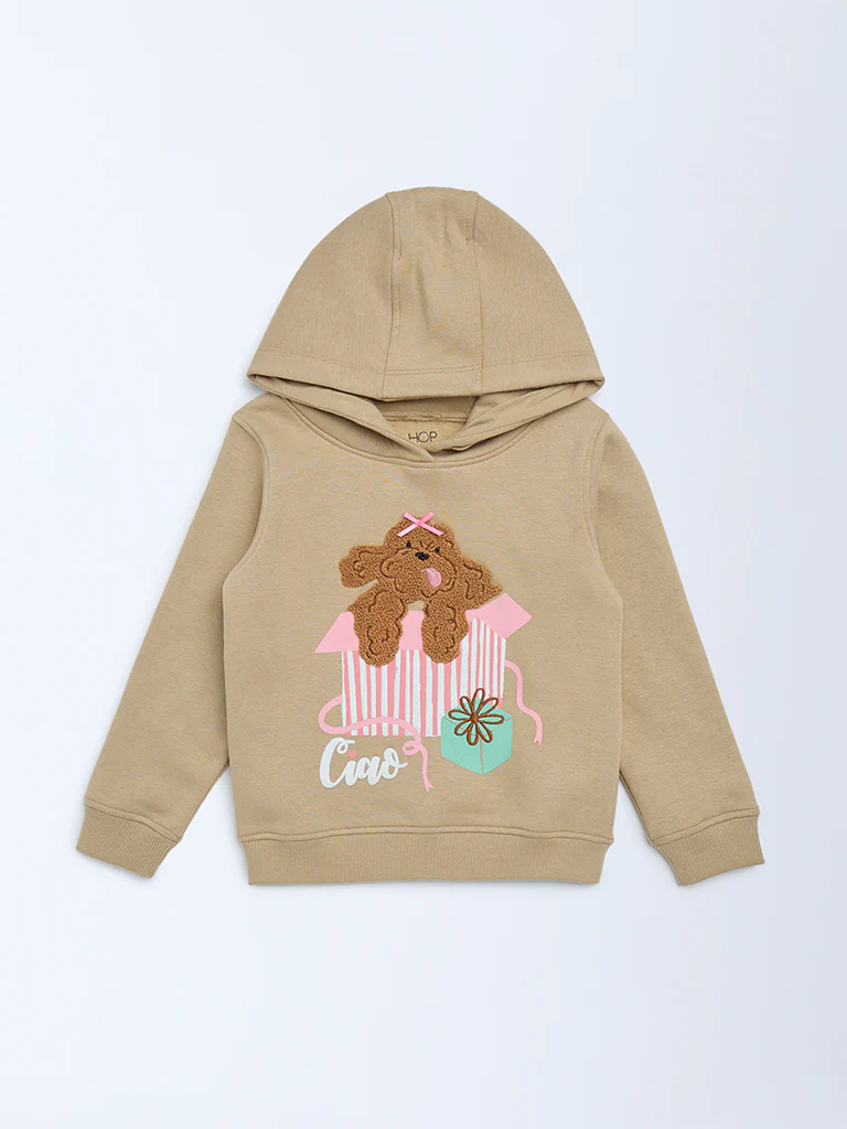HOP Kids Girls Taupe Printed Cotton-Blend Hoodie - Image 4