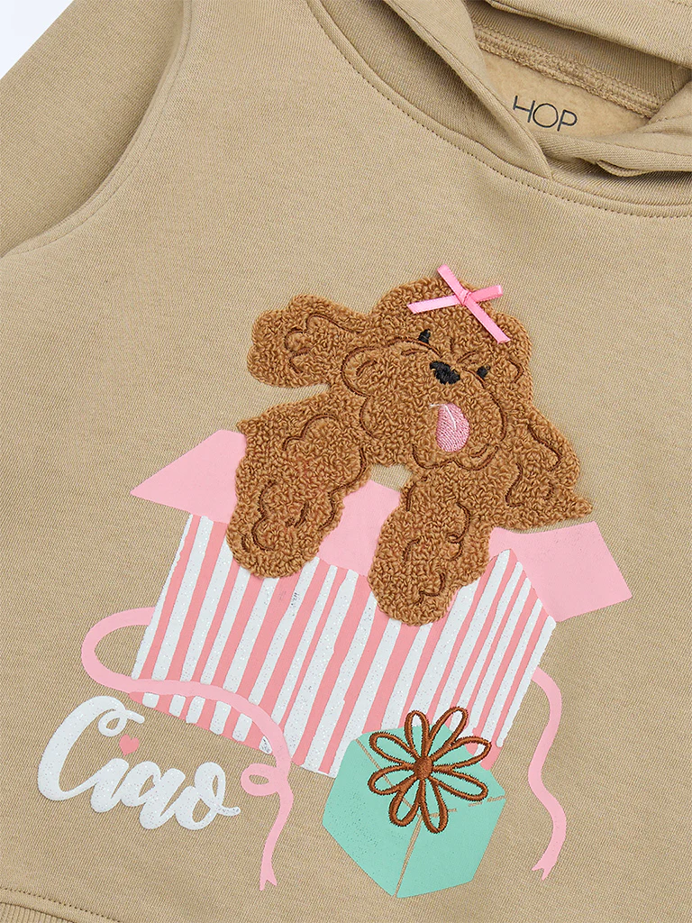HOP Kids Girls Taupe Printed Cotton-Blend Hoodie - Image 6