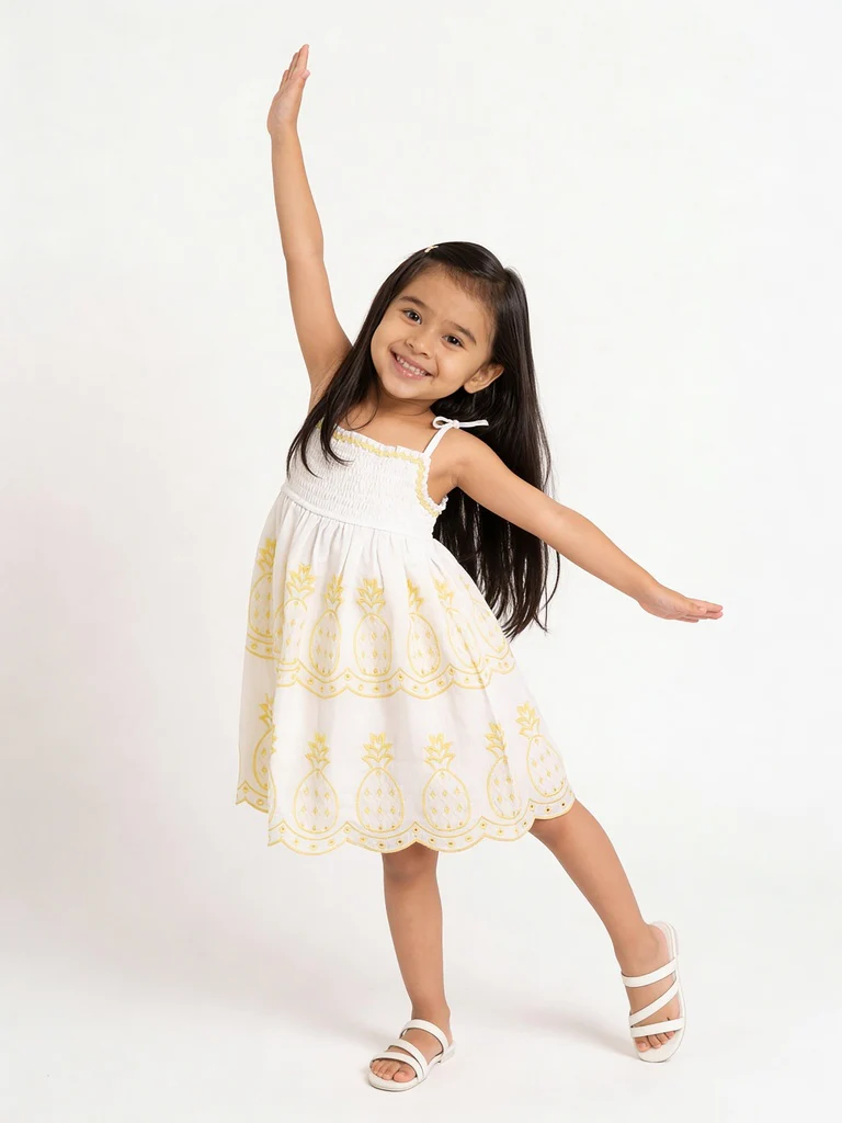 HOP Kids Girls White and Yellow Embroidered Cotton A-Line Dress