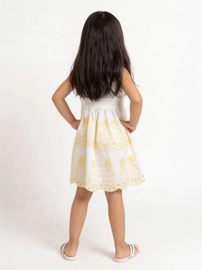 HOP Kids Girls White and Yellow Embroidered Cotton A-Line Dress - Image 2