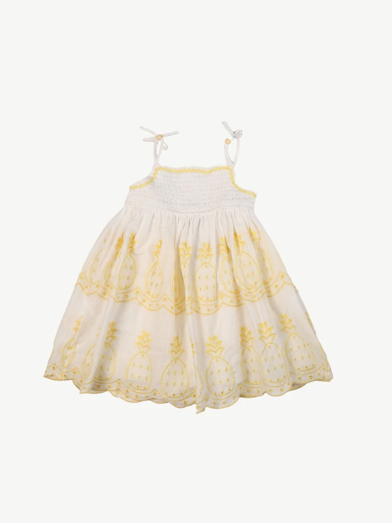 HOP Kids Girls White and Yellow Embroidered Cotton A-Line Dress - Image 3
