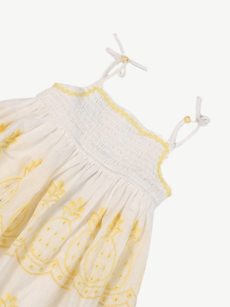 HOP Kids Girls White and Yellow Embroidered Cotton A-Line Dress - Image 5
