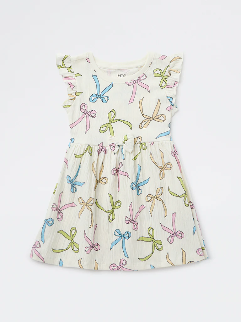 HOP Kids Girls White Bow Printed A-Line Cotton-Blend Dress - Image 4