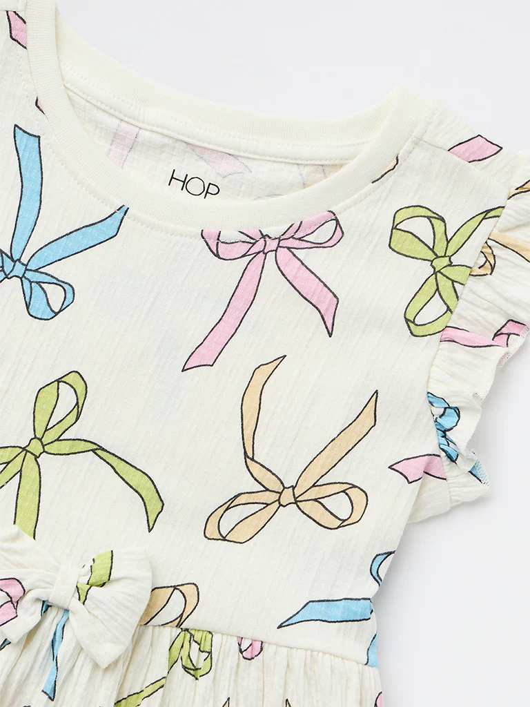 HOP Kids Girls White Bow Printed A-Line Cotton-Blend Dress - Image 6