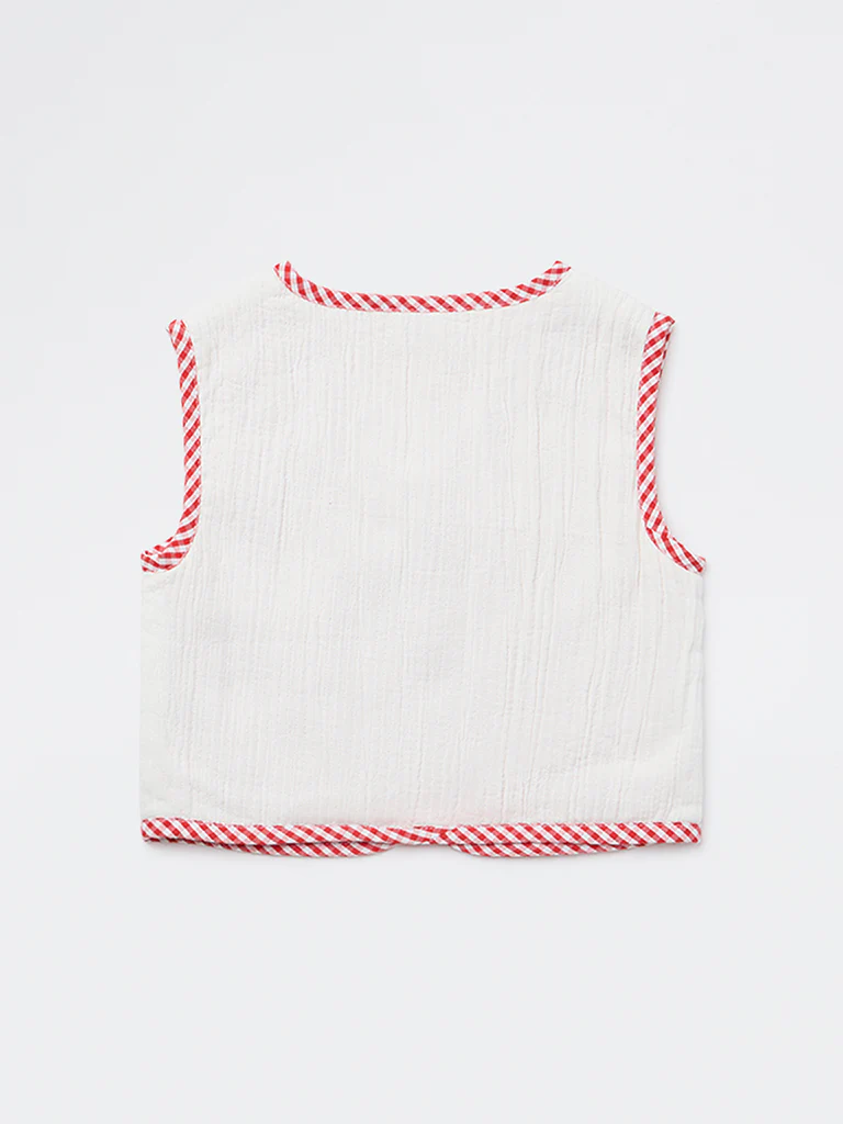 HOP Kids Girls White Checkered Cotton Waistcoat - Image 4