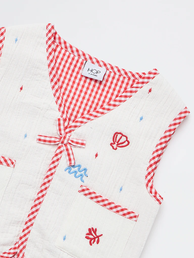 HOP Kids Girls White Checkered Cotton Waistcoat - Image 5