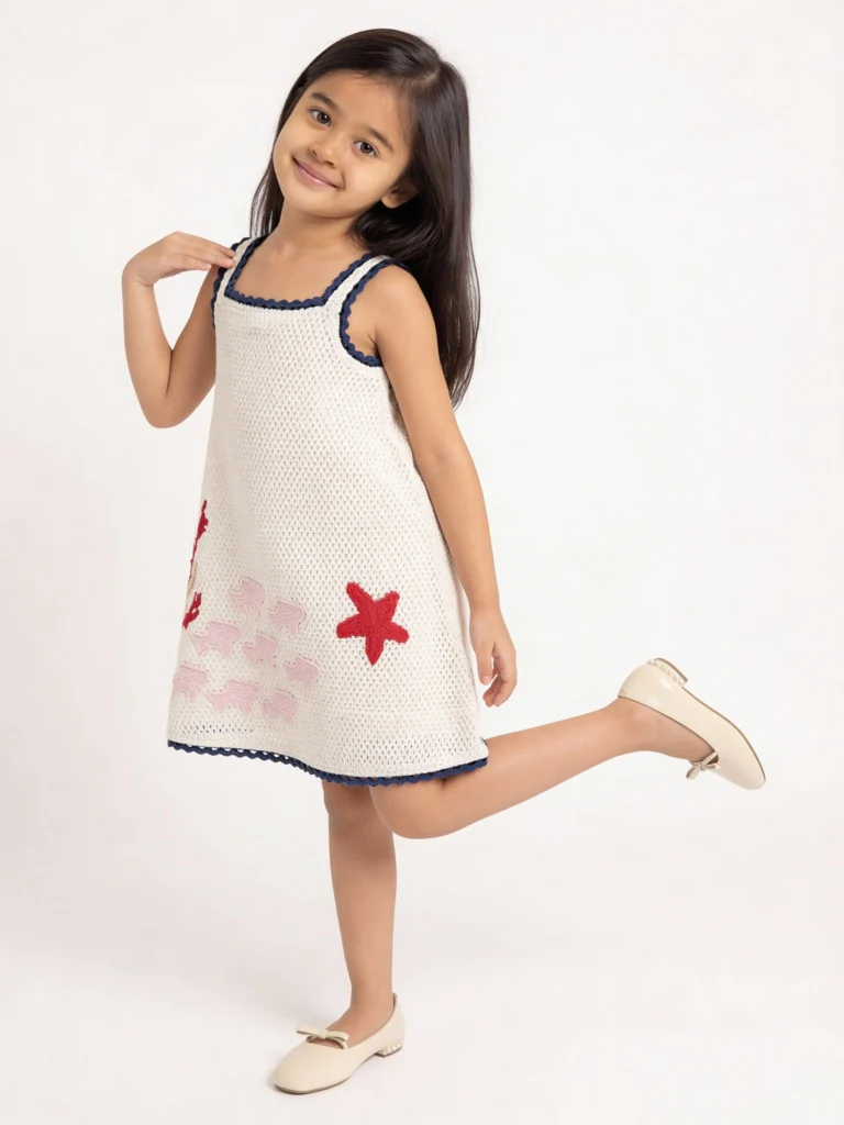 HOP Kids Girls White Crochet Knitted A-Line Cotton Dress