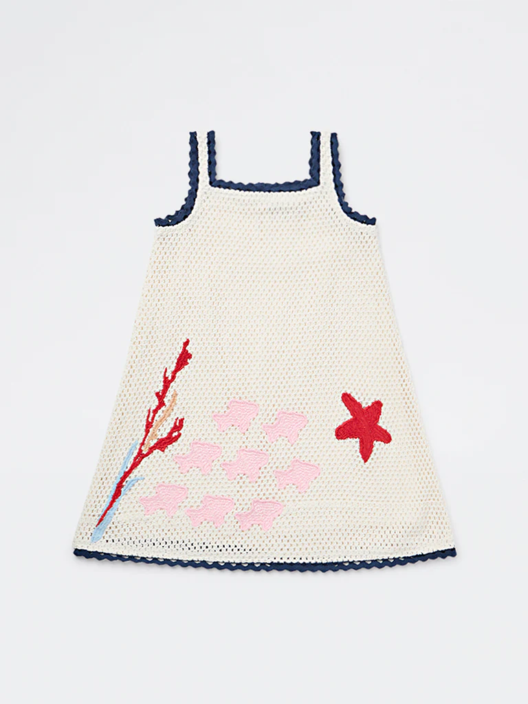 HOP Kids Girls White Crochet Knitted A-Line Cotton Dress - Image 3