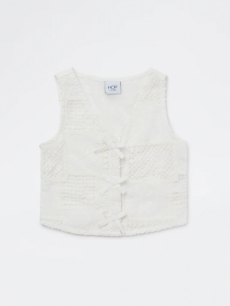 HOP Kids Girls White Crochet Knitted Cotton Top - Image 3