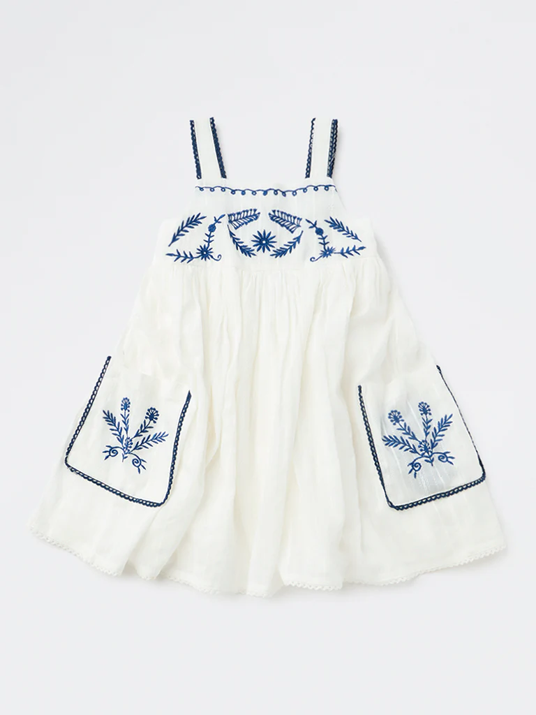 HOP Kids Girls White Embroidered A-Line Cotton-Blend Dress