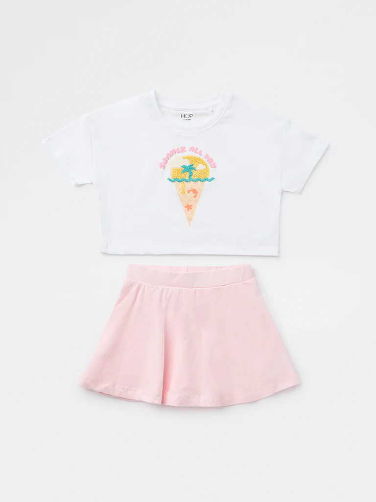 HOP Kids Girls White Embroidered Cotton T-Shirt and Skirt Set - Image 3