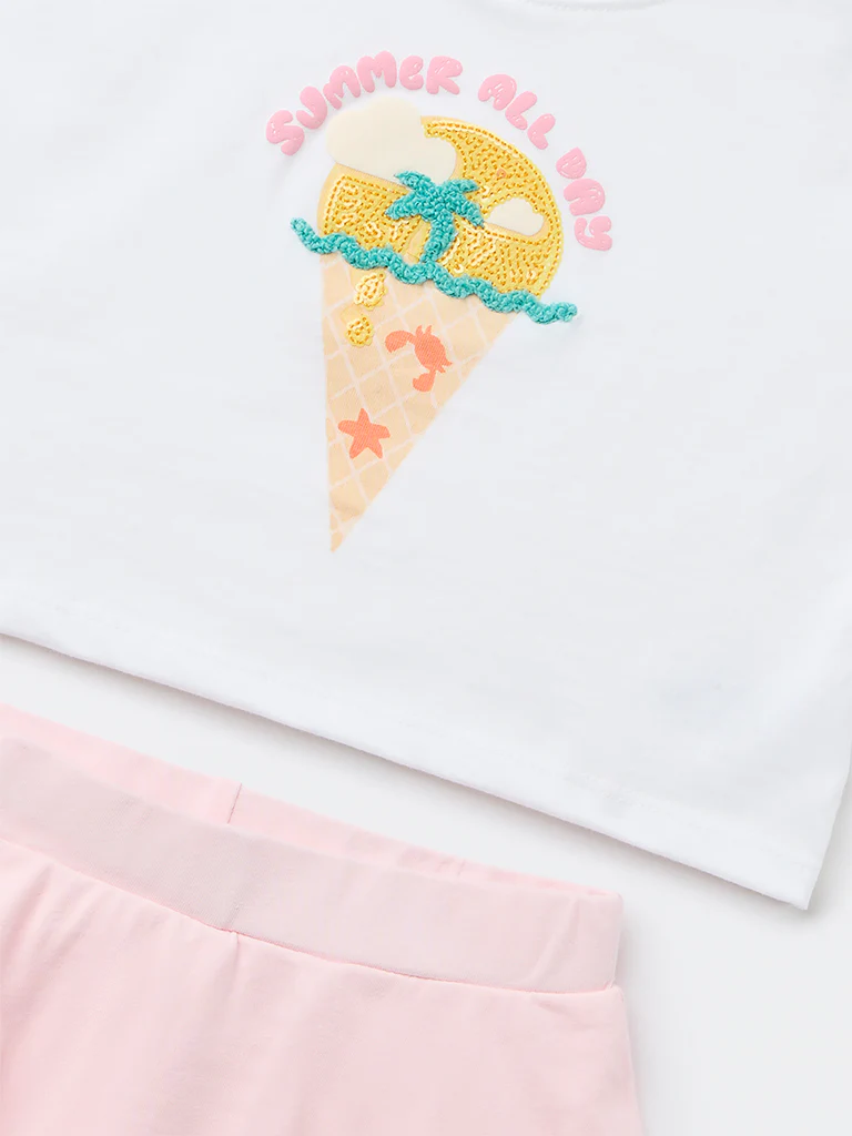 HOP Kids Girls White Embroidered Cotton T-Shirt and Skirt Set - Image 5