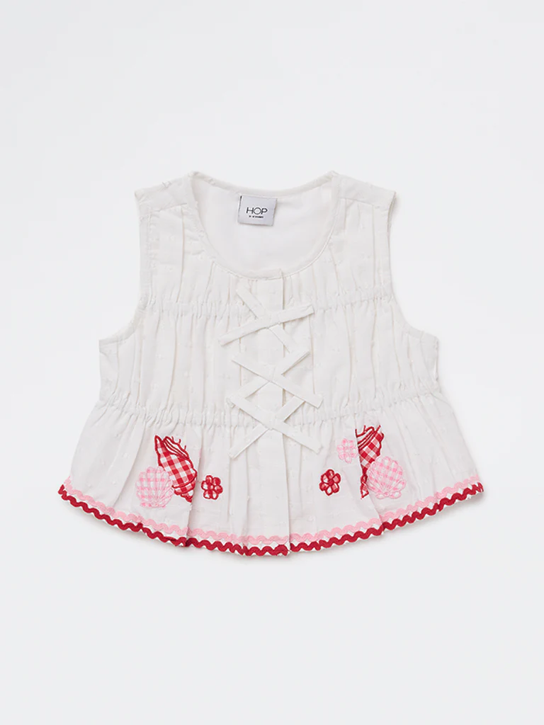 HOP Kids Girls White Embroidered Cotton Top - Image 3
