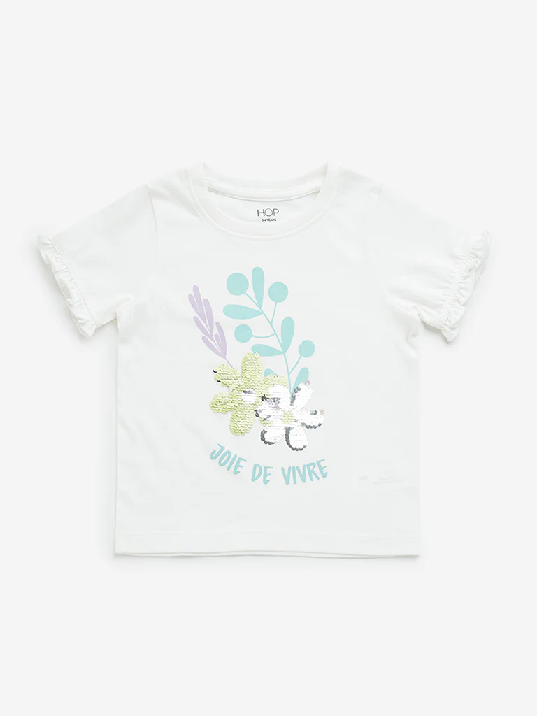 HOP Kids Girls White Floral Embellished Cotton T-Shirt