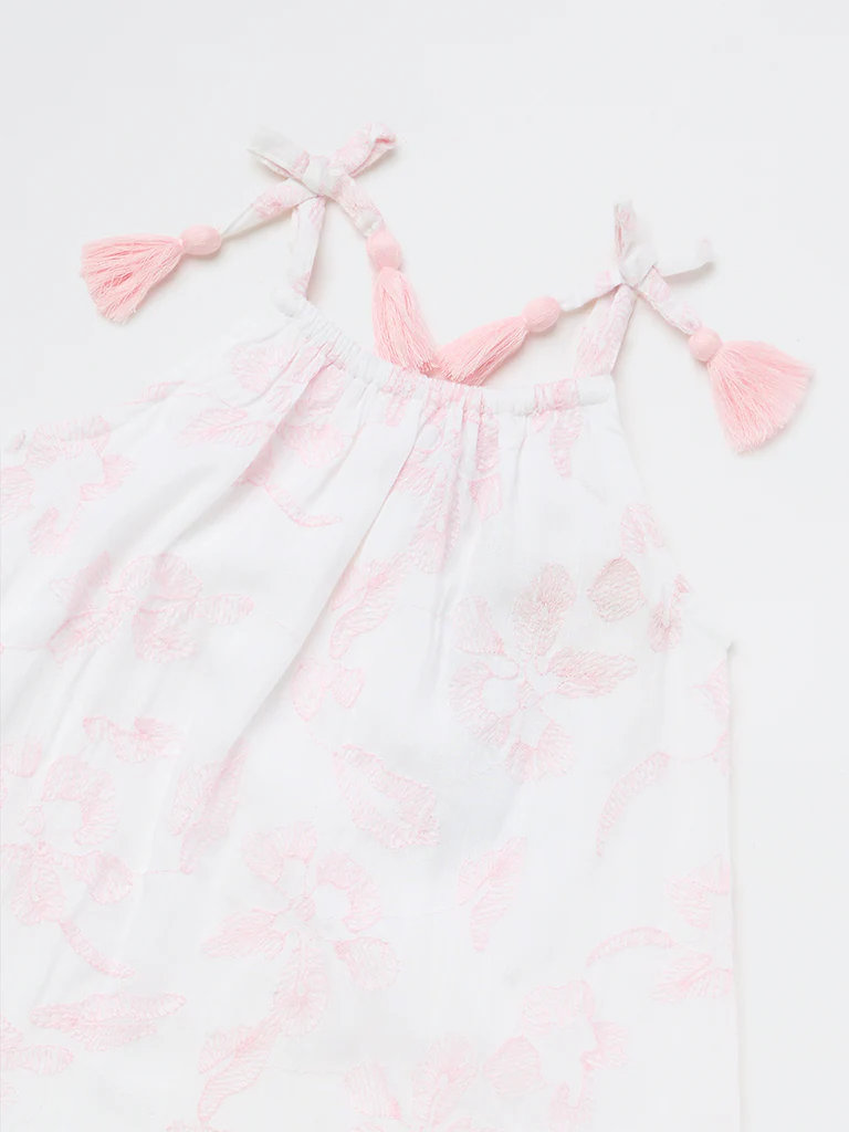HOP Kids Girls White Floral Embroidered A-Line Dress - Image 5