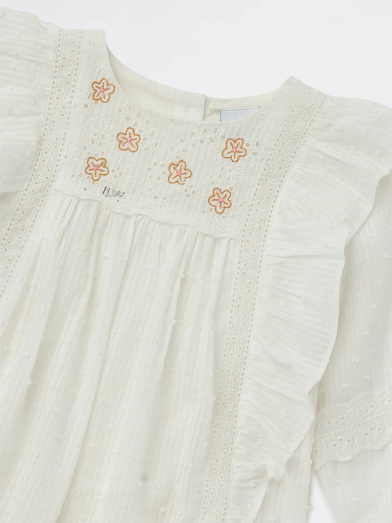 HOP Kids Girls White Floral Embroidered Cotton Top - Image 5