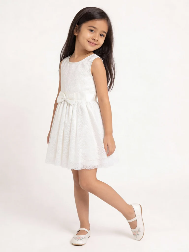 HOP Kids Girls White Floral Lace Design Party Dress