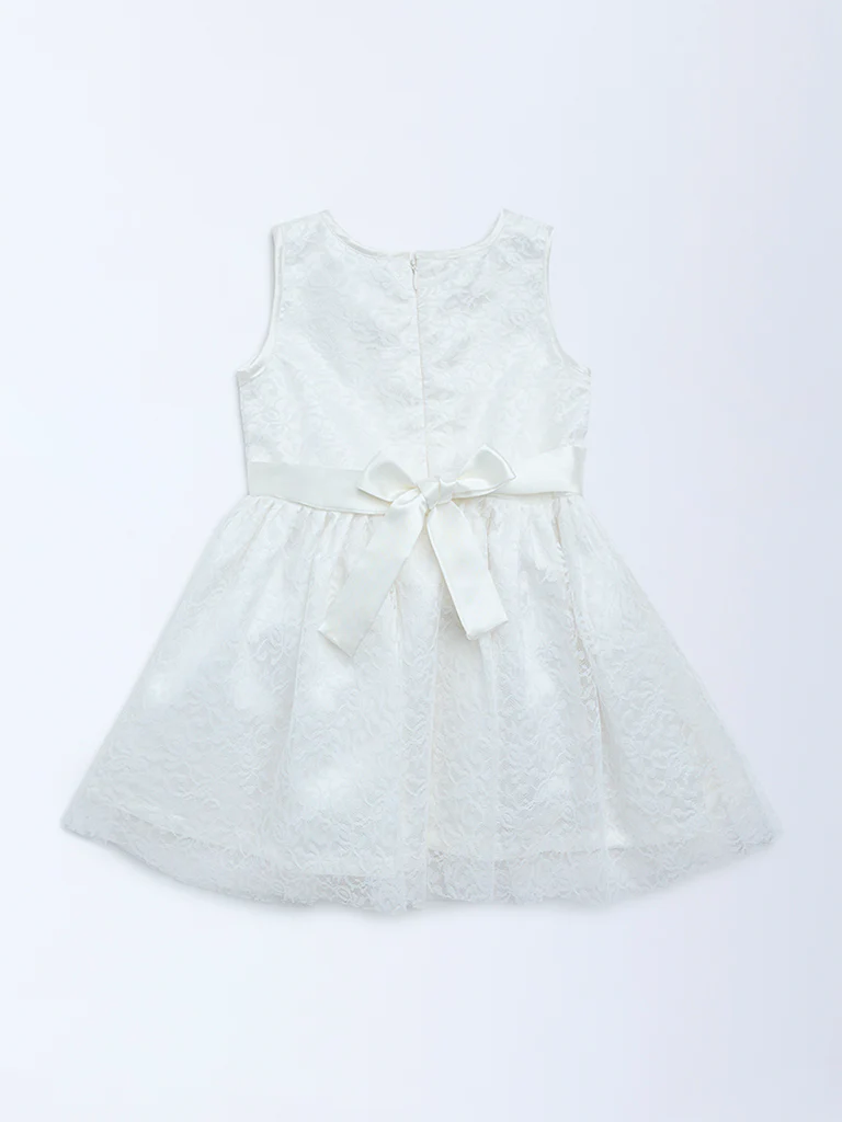 HOP Kids Girls White Floral Lace Design Party Dress - Image 4