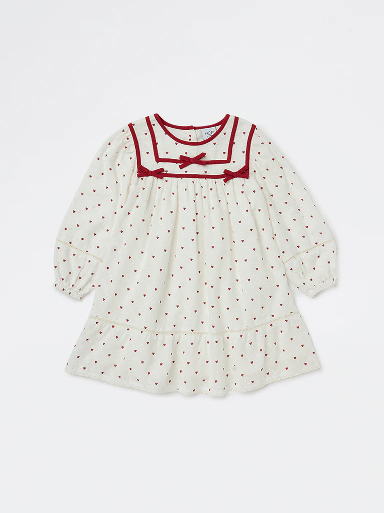 HOP Kids Girls White Printed A-Line Cotton Dress - Image 3