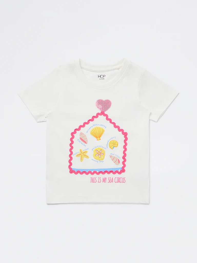 HOP Kids Girls White Printed Cotton T-Shirt - Image 4
