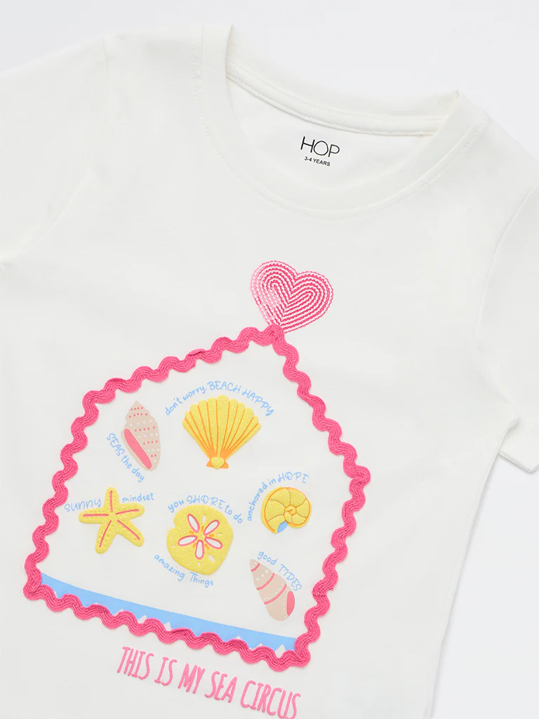 HOP Kids Girls White Printed Cotton T-Shirt - Image 6