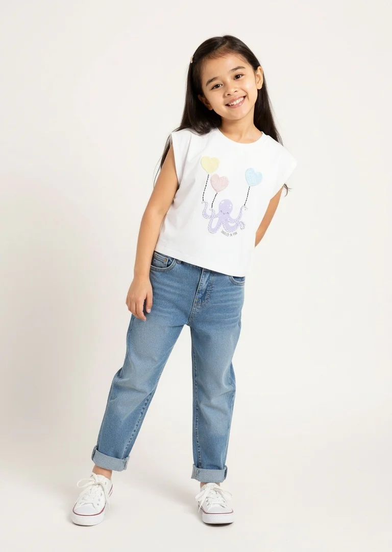HOP Kids Girls White Printed Cotton Top