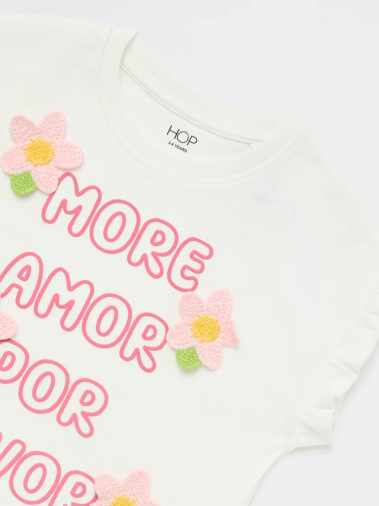 HOP Kids Girls White Text Printed Tie-Up Cotton Top - Image 6
