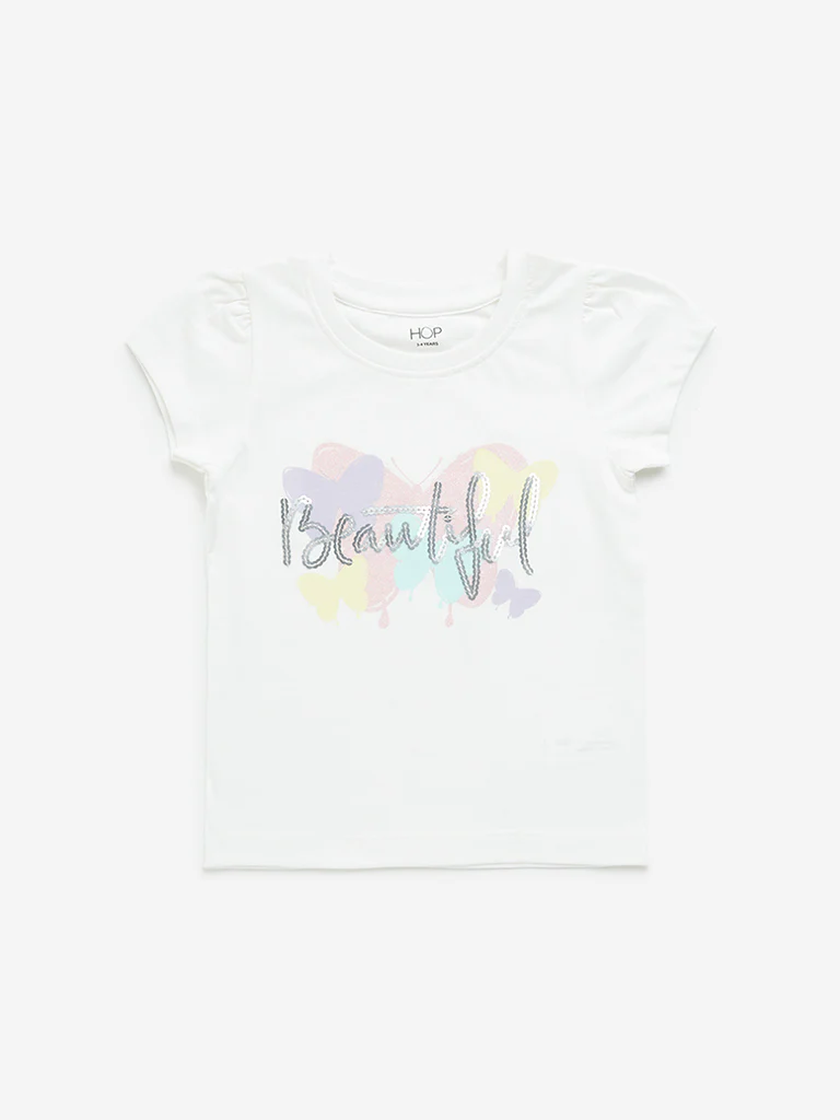 HOP Kids Girls White Text Sequin Design Cotton T-Shirt