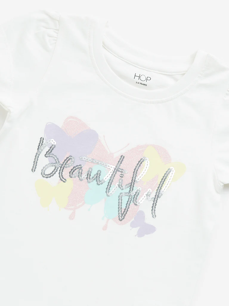 HOP Kids Girls White Text Sequin Design Cotton T-Shirt - Image 4