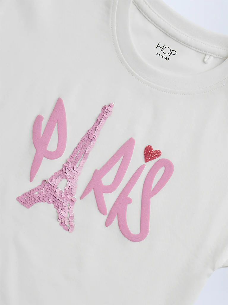 HOP Kids Girls White Typographic Cotton T-Shirt - Image 5