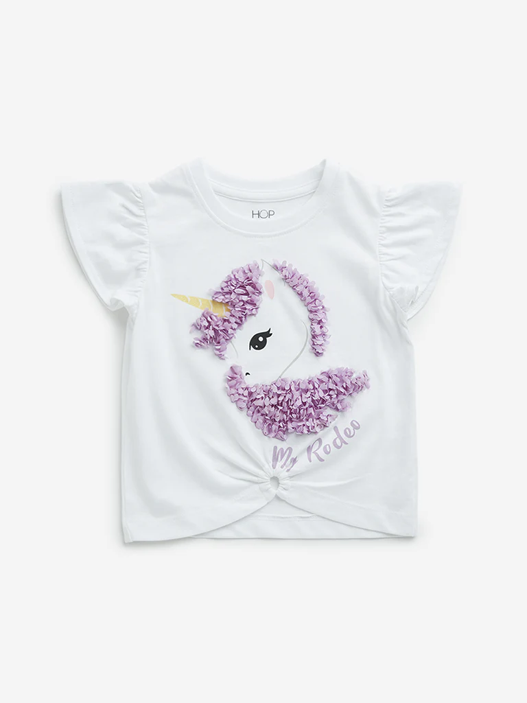 HOP Kids Girls White Unicorn Design Cotton T-Shirt