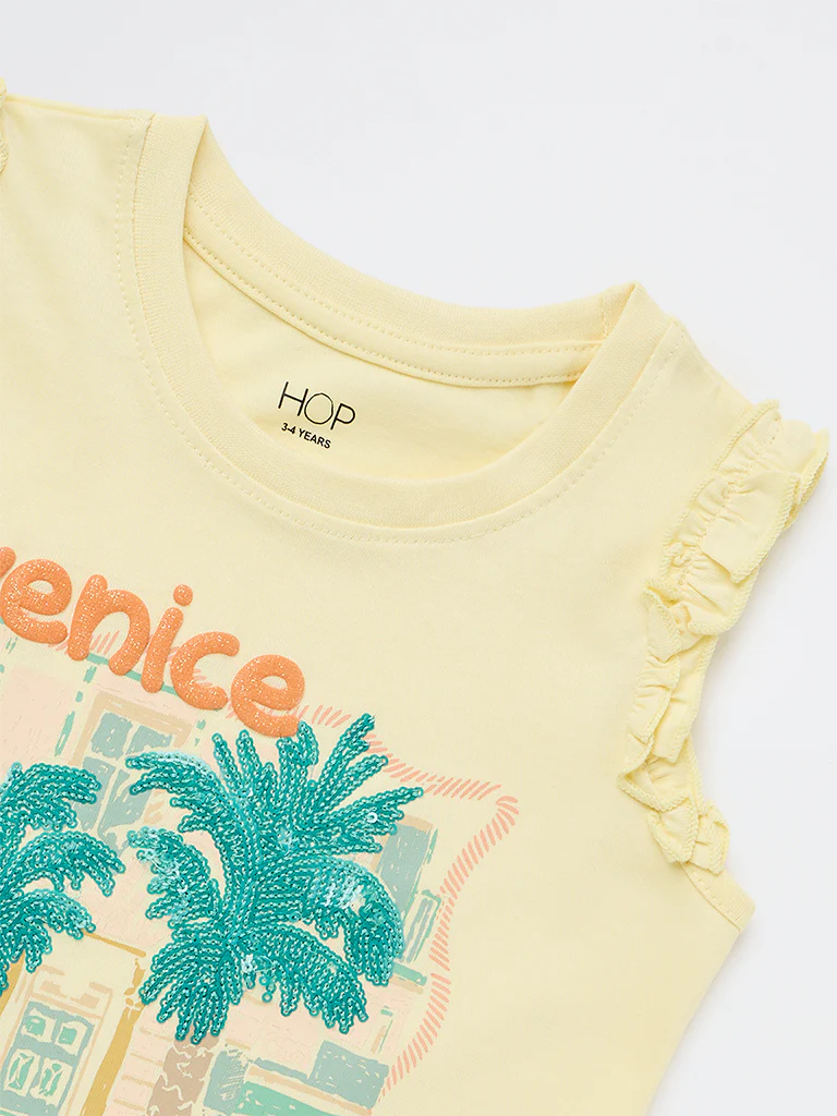 HOP Kids Girls Yellow Cityscape Printed Cotton Top - Image 6