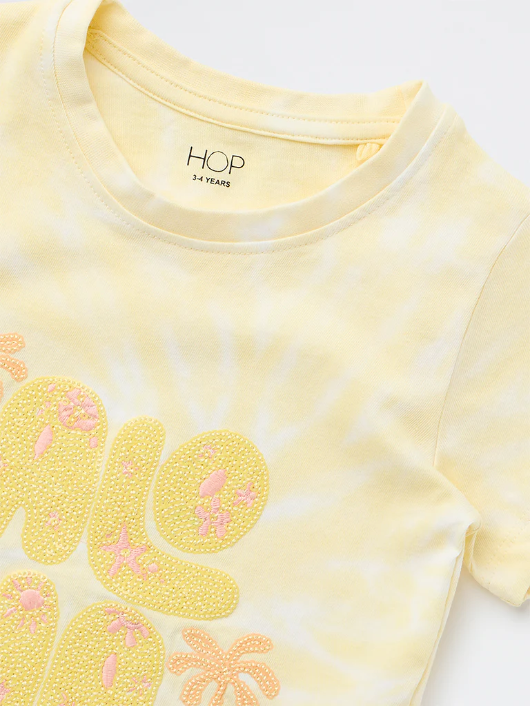 HOP Kids Girls Yellow Embroidered Cotton T-Shirt - Image 5