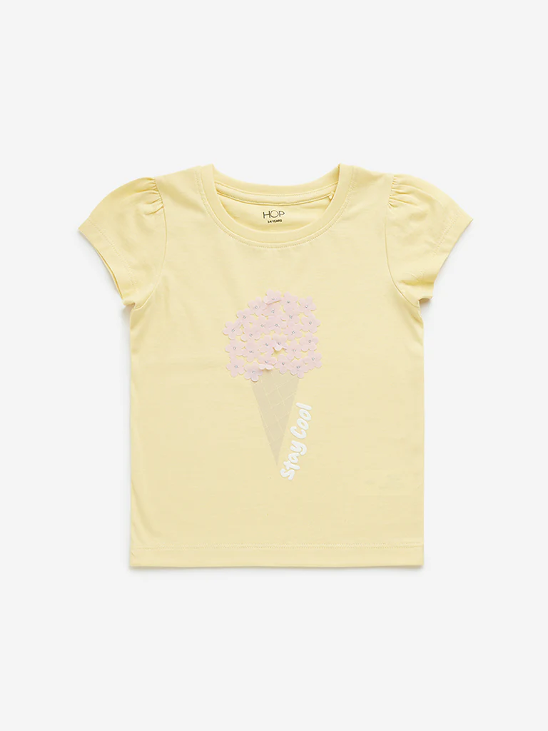 HOP Kids Girls Yellow Ice-Cream Design Cotton T-Shirt