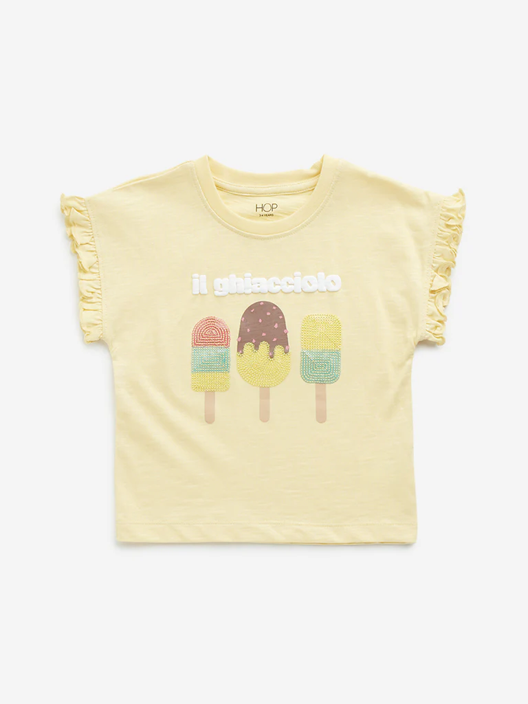 HOP Kids Girls Yellow Ice-Cream Embellished Cotton T-Shirt