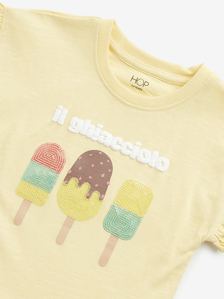 HOP Kids Girls Yellow Ice-Cream Embellished Cotton T-Shirt - Image 4