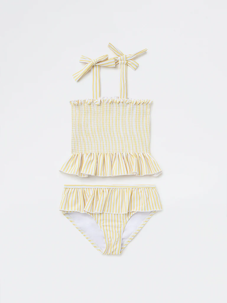 HOP Kids Girls Yellow Striped Top with Skort Swim Set - Image 4