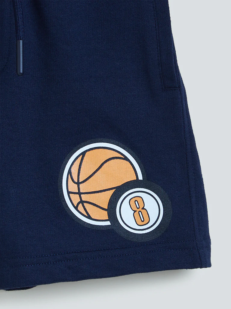 HOP Kids Navy Basketball Pattern Cotton-Blend Shorts - Image 4