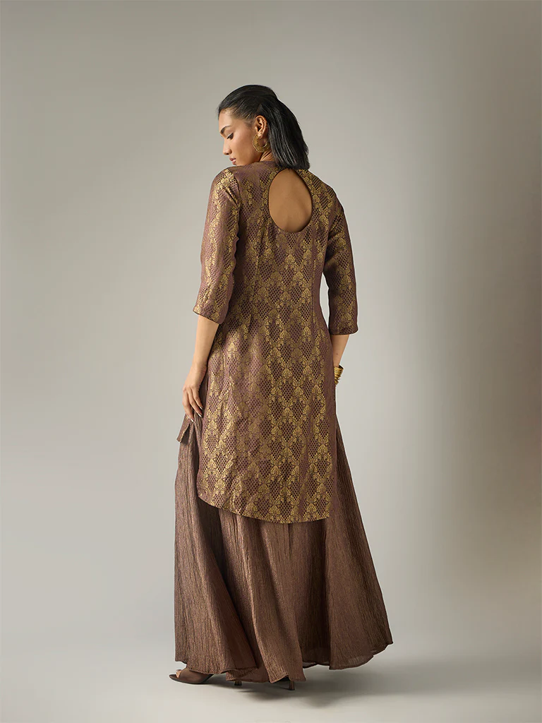 Jacquard High-Low Kurta – Brown - Image 4