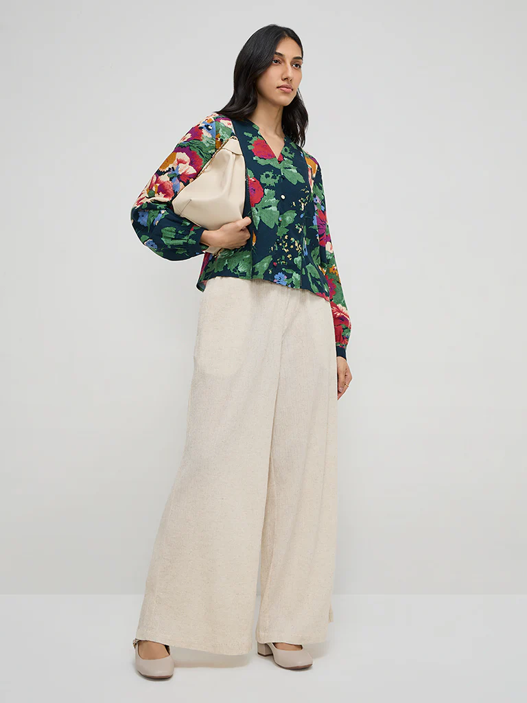 LOV Beige Crinkle-Textured High-Rise Cotton Blend Pants